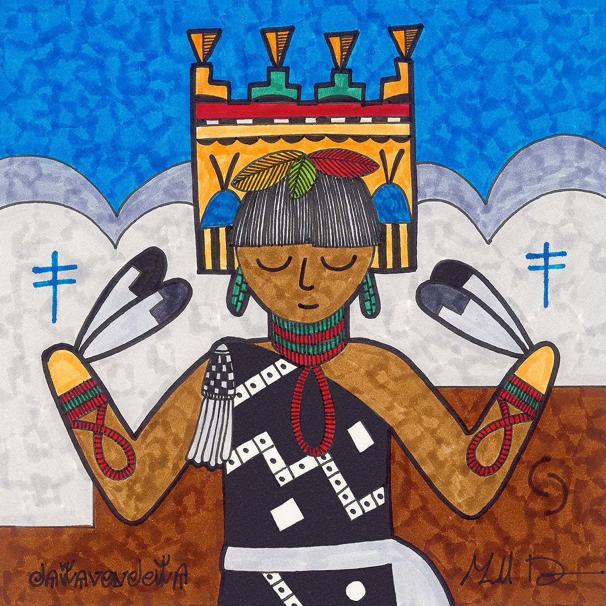 6" square wrapped canvas print featuring butterfly maiden with feathers and headdress by Hopi artist Gerald Dawavendewa