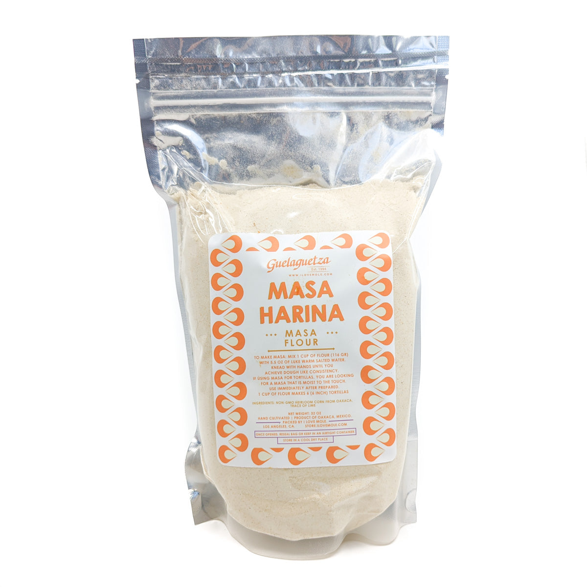 Bag contains 32 oz. of nixtamalized, dried, ground Oaxacan corn masa harina - 8 oz. of flour makes 6 six-inch round tortillas. Just add water and knead!
