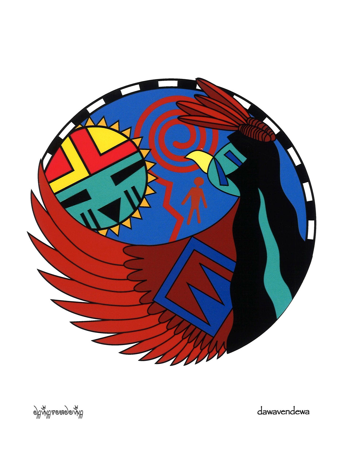 Kwaahu (Eagle): "The image depicts a Hopi Eagle spirit, soaring across Taawa, the sun. Kwaahu watches over and protects a figure representing the migrations of humanity - the journeys that people take in life. For the Hopi people, Kwaahu is an important part of Hopi culture and is represented by KwaaKatsina, a spiritual being, who visits the Hopi people. KwaaKatsina performs in a ceremony to pray for moisture and a bountiful harvest of food for the people and to continue the relationship between the Hopi an