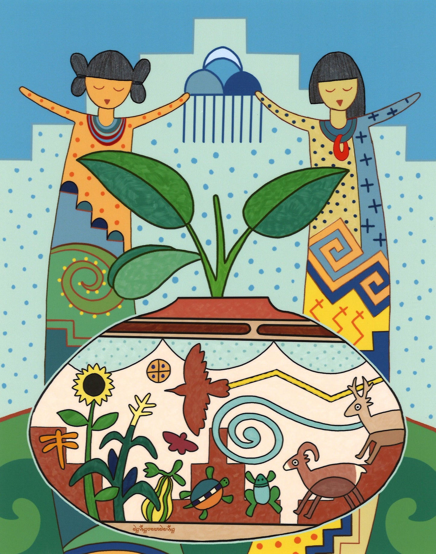 "Listen to the animals, plants, water, and land. Gather the sounds of the Earth and remember we are all connected and depend on each other to successfully make our journey in this life." White matted print measures 11 x 14 inches&nbsp; Image measures 9.5 x 7.5 inches Information about the artist and Hopi culture included