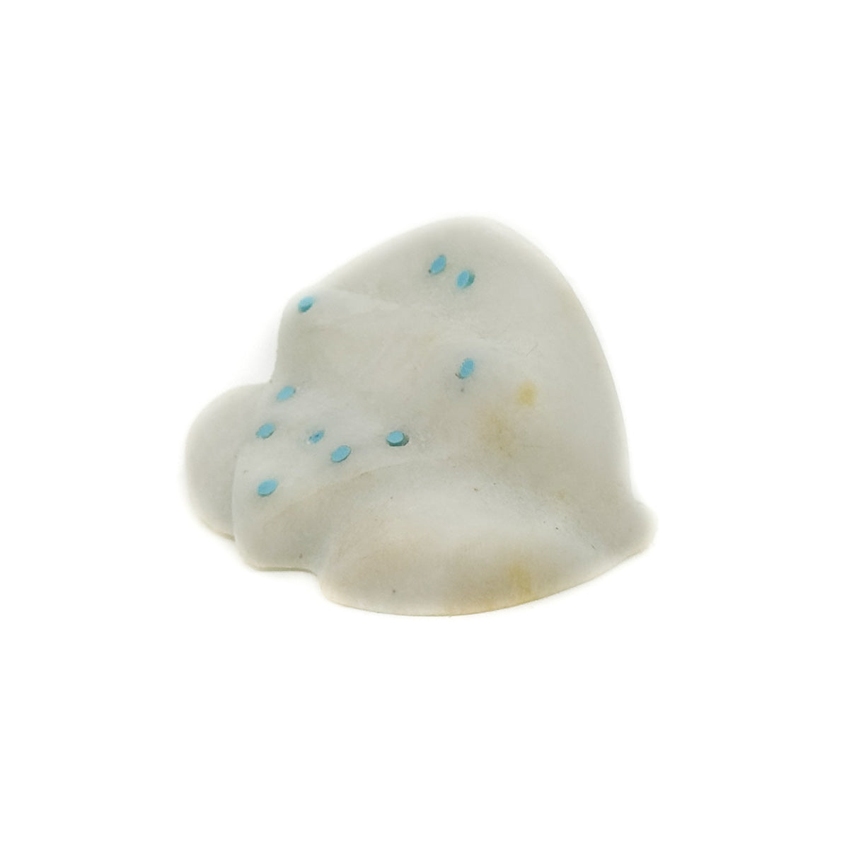 White Marble Frog Carving with&nbsp; Turquoise eyes and Turquoise accents Hand carved by Zuni artist, Rosella Gonzales Measures approximately 1.0 inches long x&nbsp; 1.25 inches wide x .75 inches high