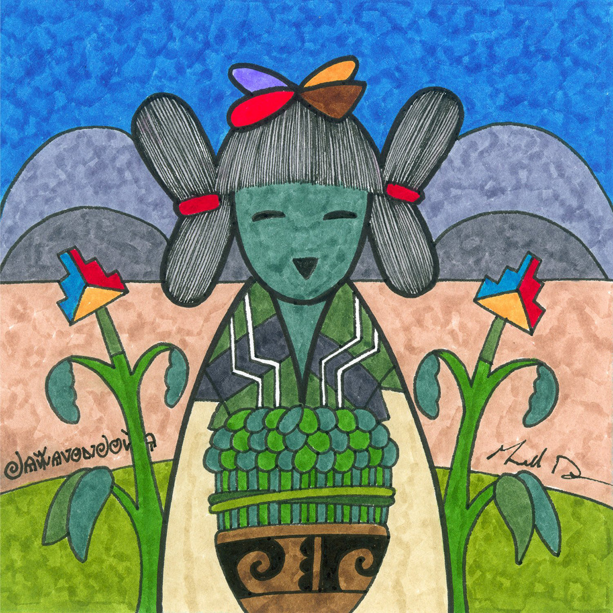 6 square wrapped canvas featuring bean maiden by Hopi artist Gerald Dawavendewa 