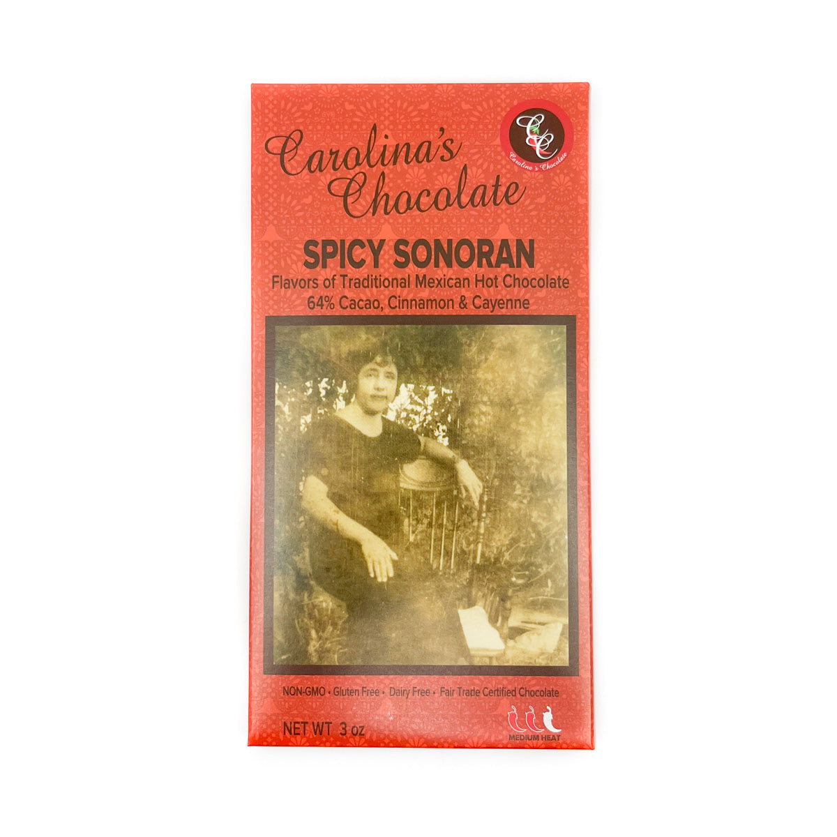 Flavors of traditional Mexican hot chocolate 64% Cacao, Cinnamon &amp; Cayenne Ingredients: Cacao beans, pure cane sugar, cocoa butter, sunflower lecithin, vanilla beans, cayenne and cinnamon Non-GMO, fair trade certified chocolate 3 ounces PLEASE NOTE DUE TO SEASONAL TEMPERATURES, THIS ITEM IS CURRENTLY AVAILABLE FOR LOCAL PICKUP ONLY