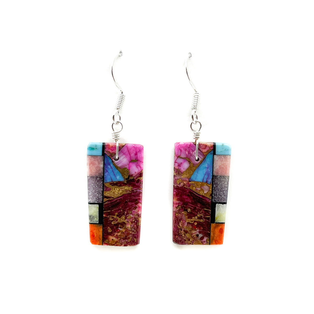 Mosaic Inlay Slab Earring with Magenta and Copper Accent