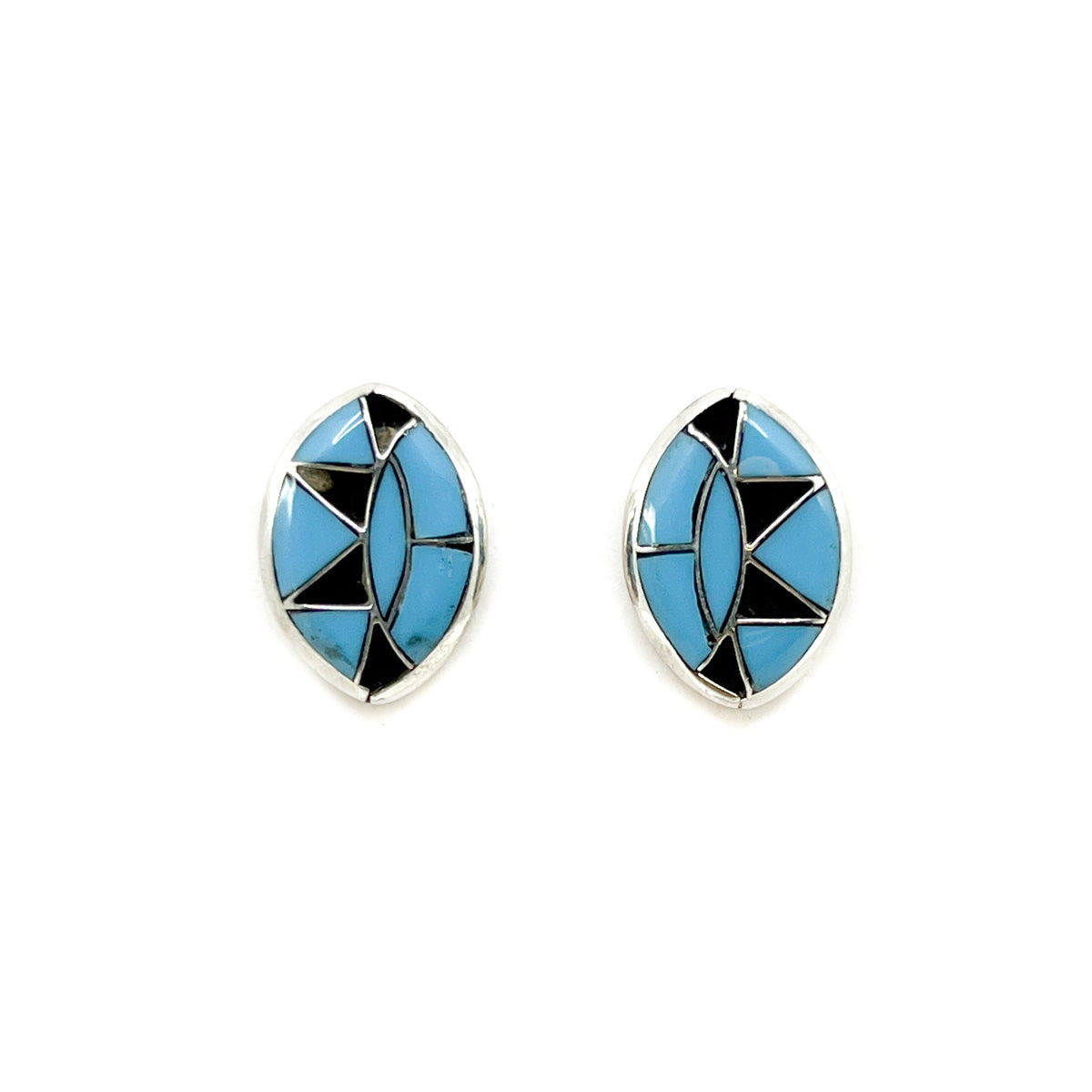 Oval Zuni Turquoise Channel Inlay Earrings with Sun Ray Detail