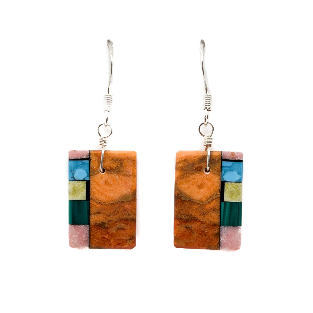 Apple Coral Slab and Mosaic Inlay Earrings