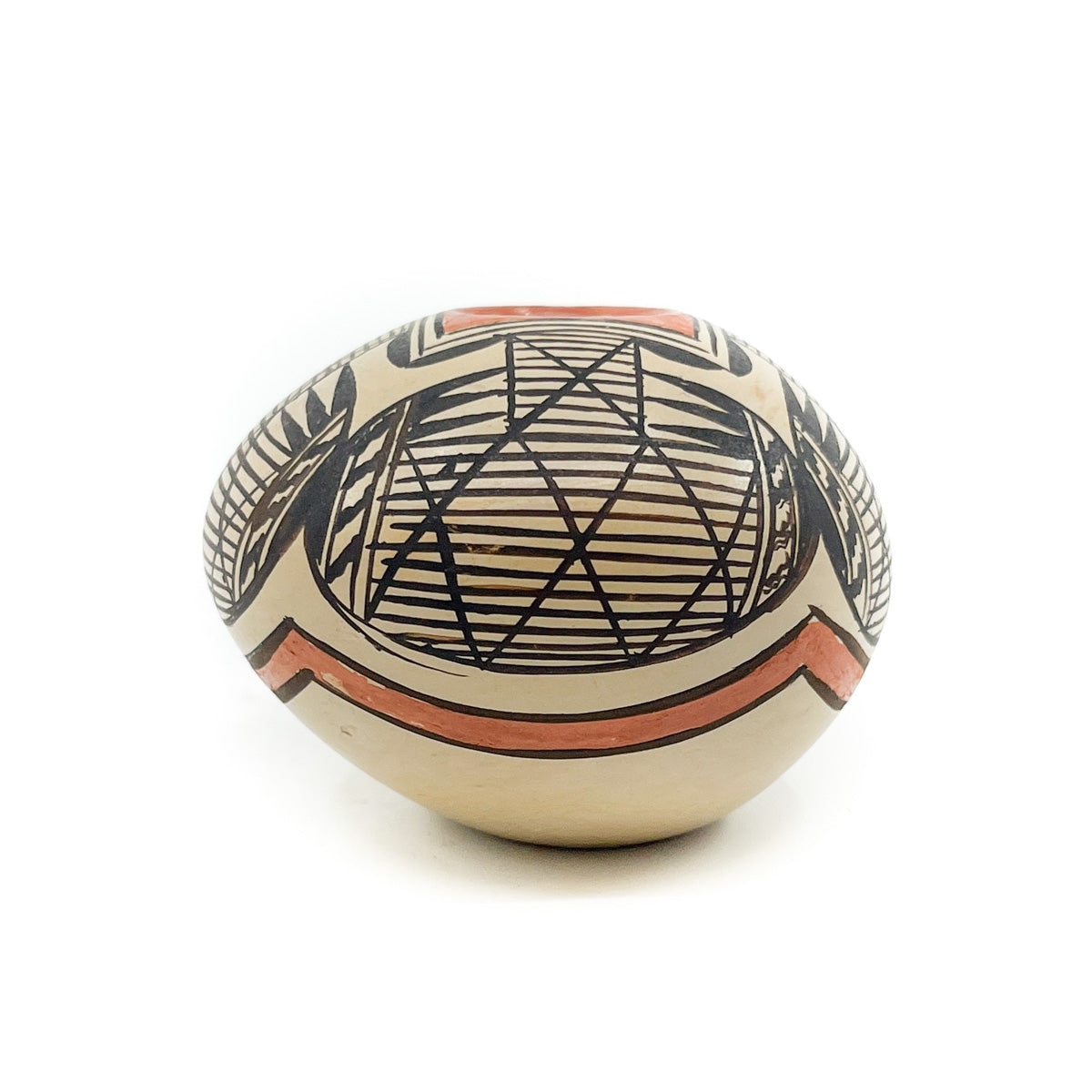Hopi artist Adelle Nampeyo Hand coiled, painted with natural pigments &amp; fired outdoors Measures approximately 1.75 inches high x 2.75 inches in diameter at widest circumference