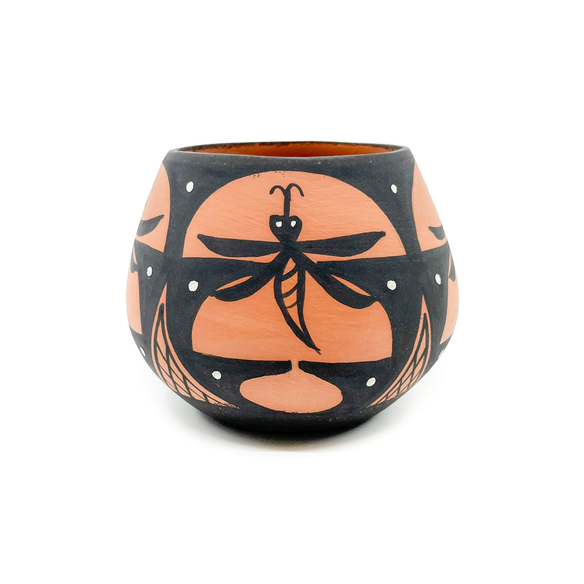 By&nbsp;Zuni artist&nbsp;Darla Westika Design includes stylized&nbsp;dragonflies and other traditional patterns Hand etched terracotta clay painted with natural pigments&nbsp; Measures approximately 4.0 inches high x 4.50 inches in diameter at widest circumference