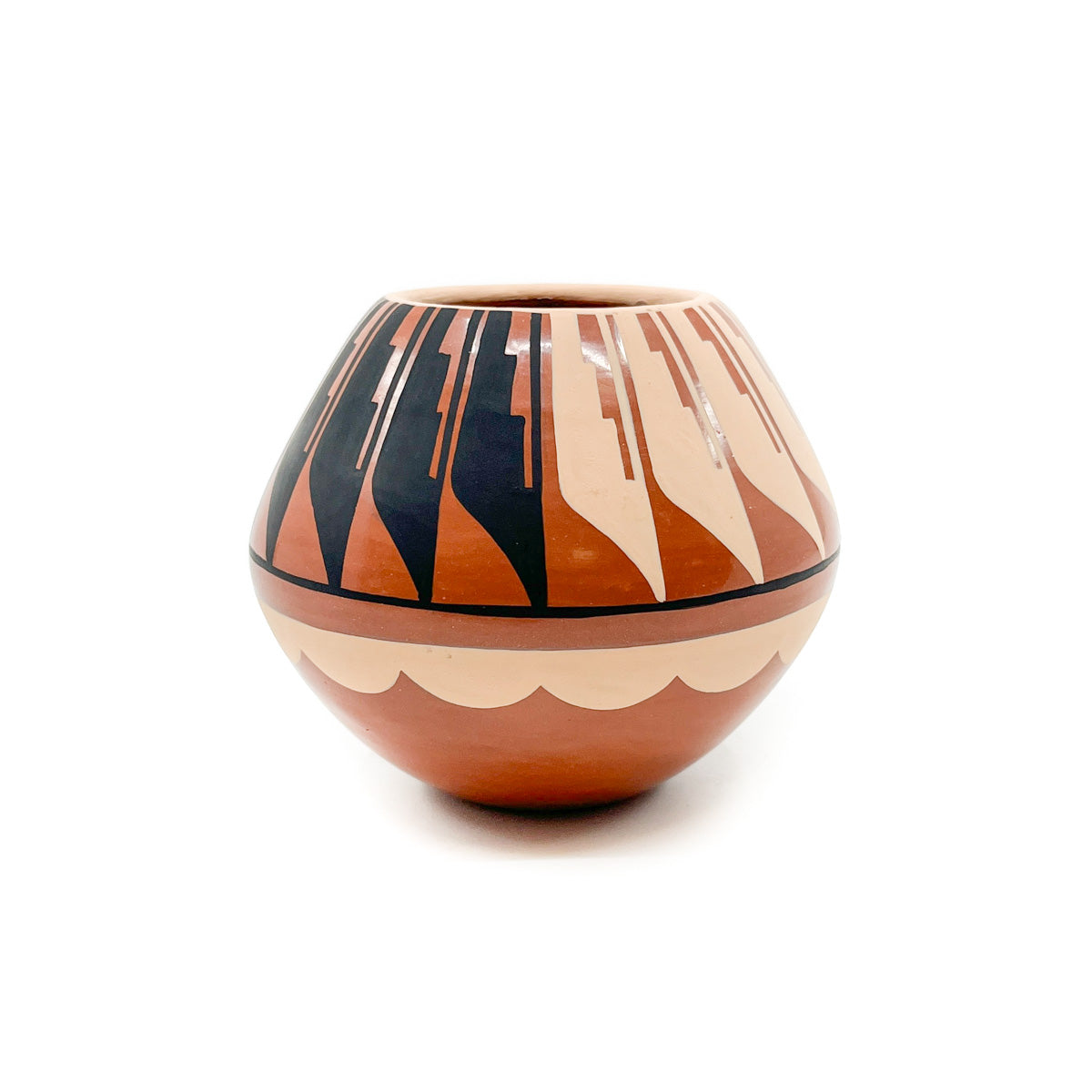 By Jemez artist C. G. (Carol) Loretto Feather and geometric designs  Pit fired, hand painted &amp; coiled&nbsp; Combination matte and stone polished finish Measures approximately 3.0 inches high x 3.25 inches in diameter at widest circumference