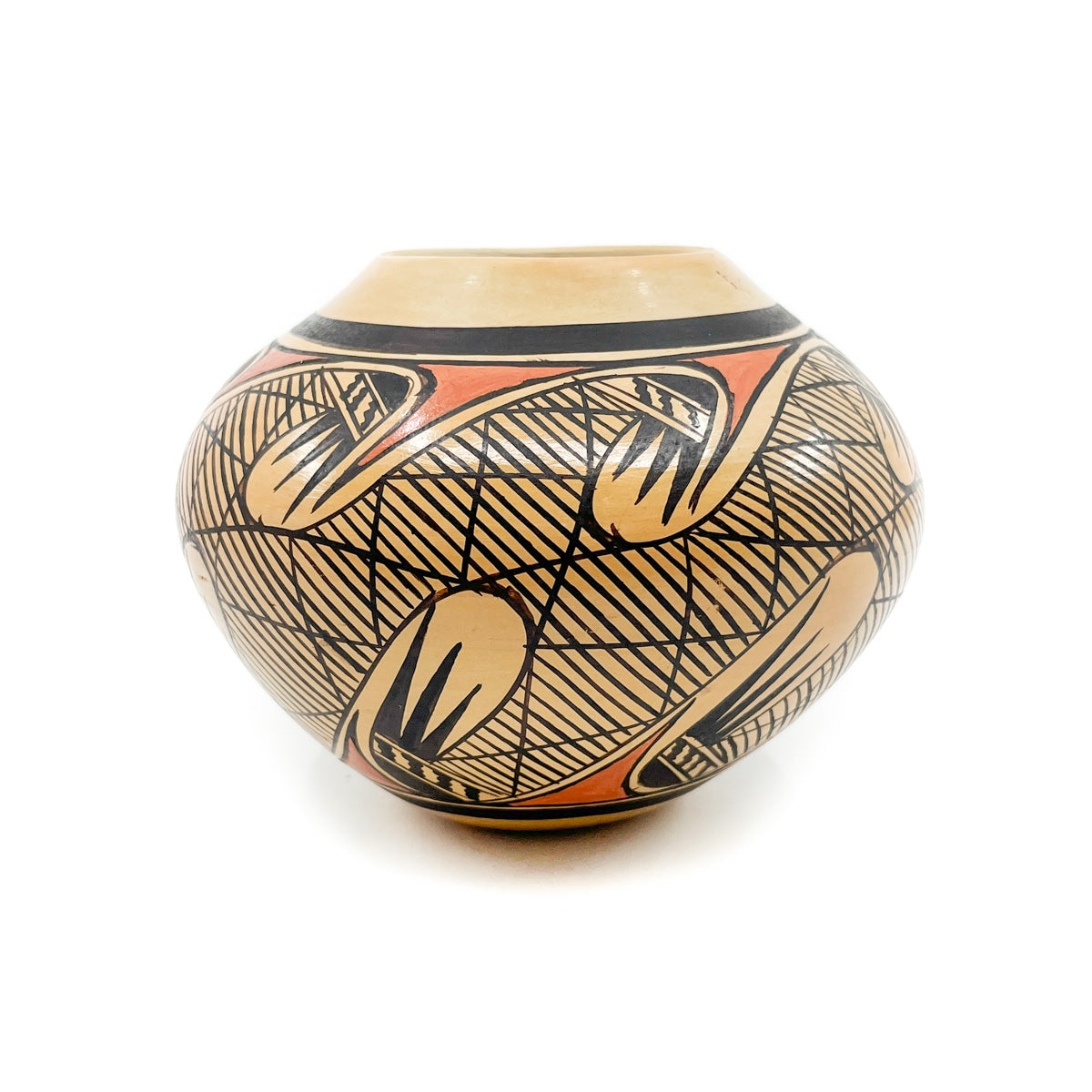 Handcrafted pot by&nbsp;Hopi artist&nbsp;Adelle Nampeyo Hand coiled, painted with natural pigments &amp; fired outdoors Measures approximately 4.0&nbsp;inches high x 5.50 inches in diameter at widest circumference
