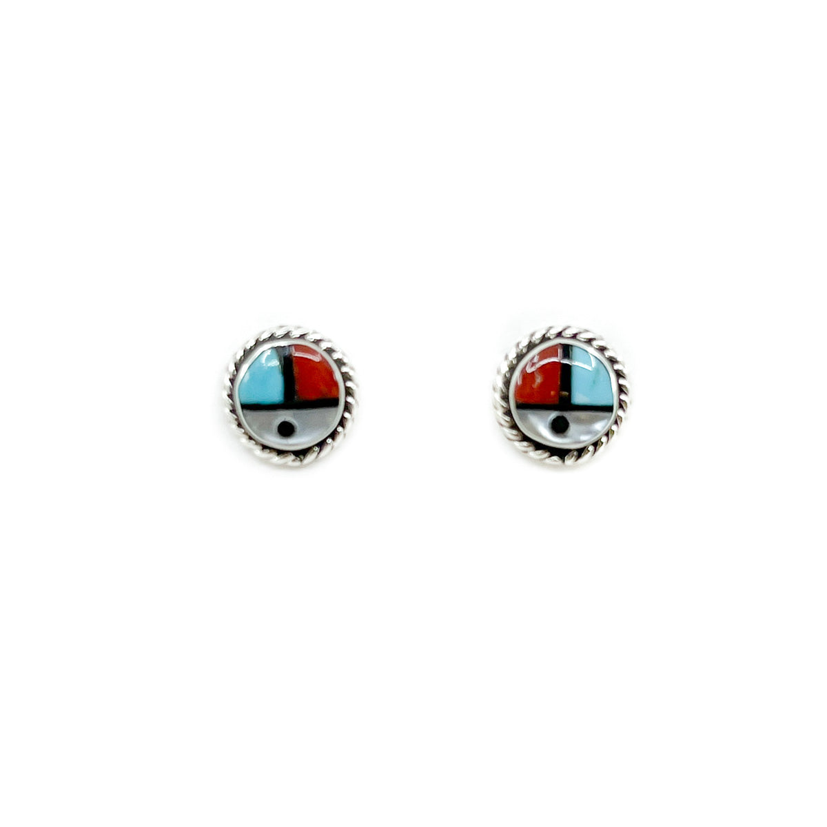 Zuni Sun Face stud earrings
Channel inlay with turquoise, jet, coral, and mother-of-pearl (shell)
Each earring measures approximately .25 inches in diameter, sterling silver setting, posts and backs