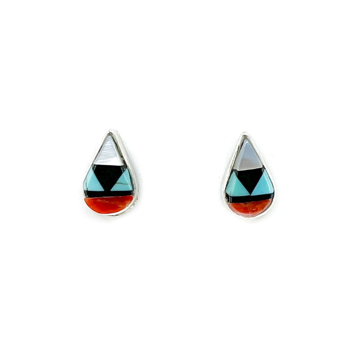 Multi color, semi-precious gemstones, mosaic inlay in sterling silver Handcrafted by Zuni artisans  Sterling Silver settings, posts and backs Measures approximately .25 inches wide x .25 inches long