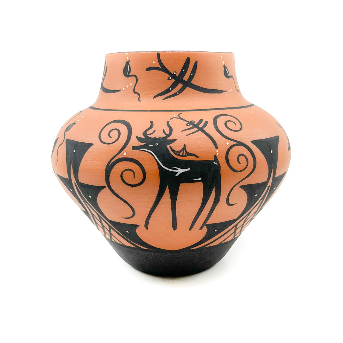 Made by a member of the Peynetsa family Signed on the bottom by the artist Design includes stylized rain birds, frogs, deer, tadpoles &amp; dragonflies Hand etched terracotta clay painted with natural pigments&nbsp; Measures approximately&nbsp;7.50 inches high x 8.0 inches in diameter at widest circumference