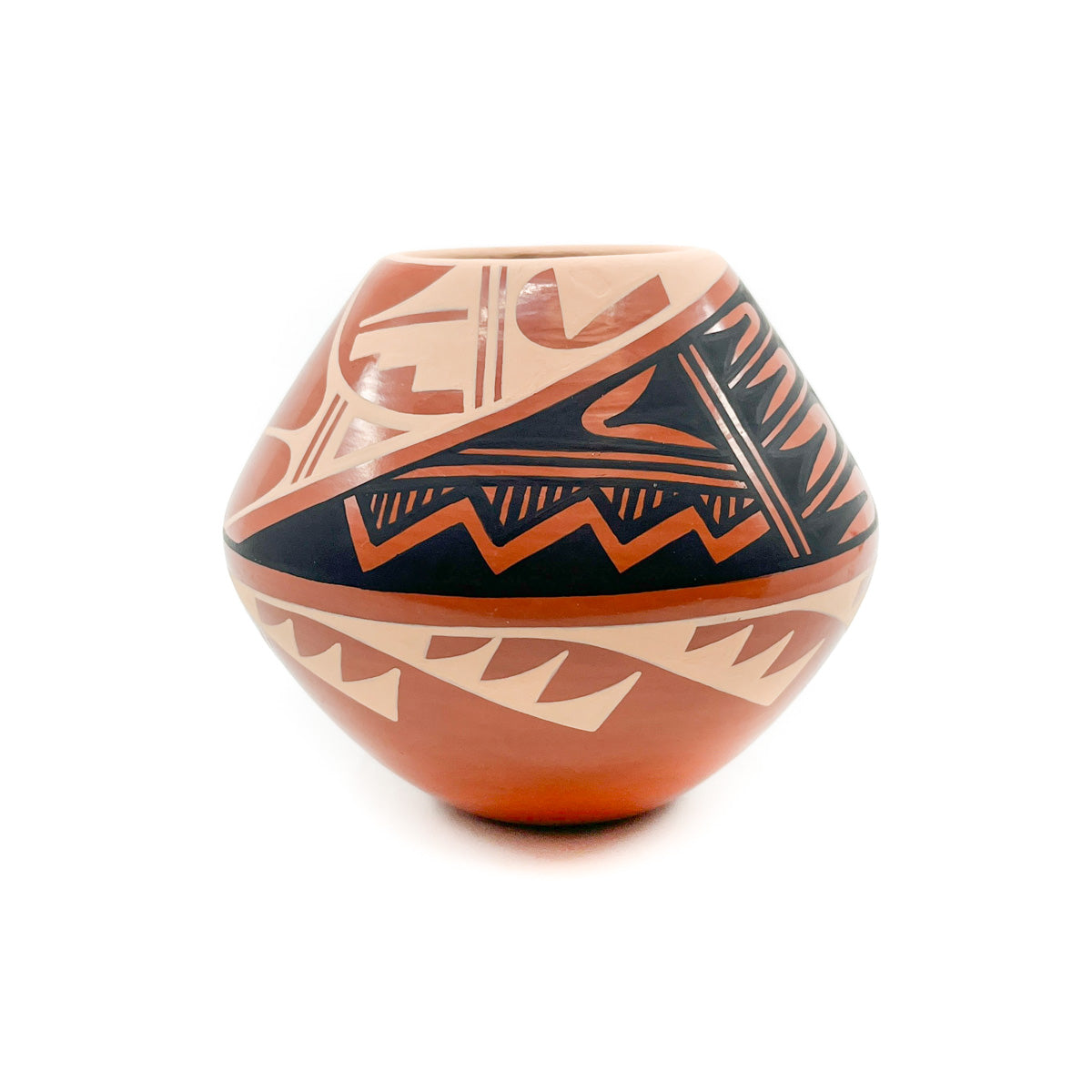 By&nbsp;Jemez artist&nbsp;C. G. (Carol) Loretto Feather and geometric designs  Pit fired, hand painted &amp; coiled&nbsp; Combination matte and stone polished finish Measures approximately 3.50 inches high x 3.50 inches in diameter at widest circumference