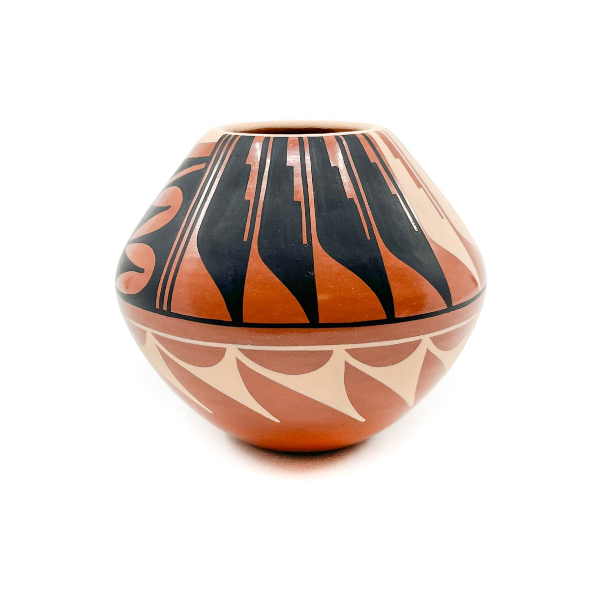 By Jemez artist C. G. (Carol) Loretto Feather and geometric designs  Pit fired, hand painted &amp; coiled&nbsp; Combination matt and stone polished finish Measures approximately 3.50 inches high x 3.50 inches in diameter at widest circumference