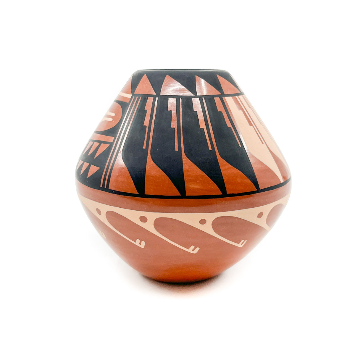By Jemez artist C. G. (Carol) Loretto Feather and geometric designs  Pit fired, hand painted &amp; coiled&nbsp; Combination matte and stone polished finish Measures approximately 4.0 inches high x 3.75 inches in diameter at widest circumference