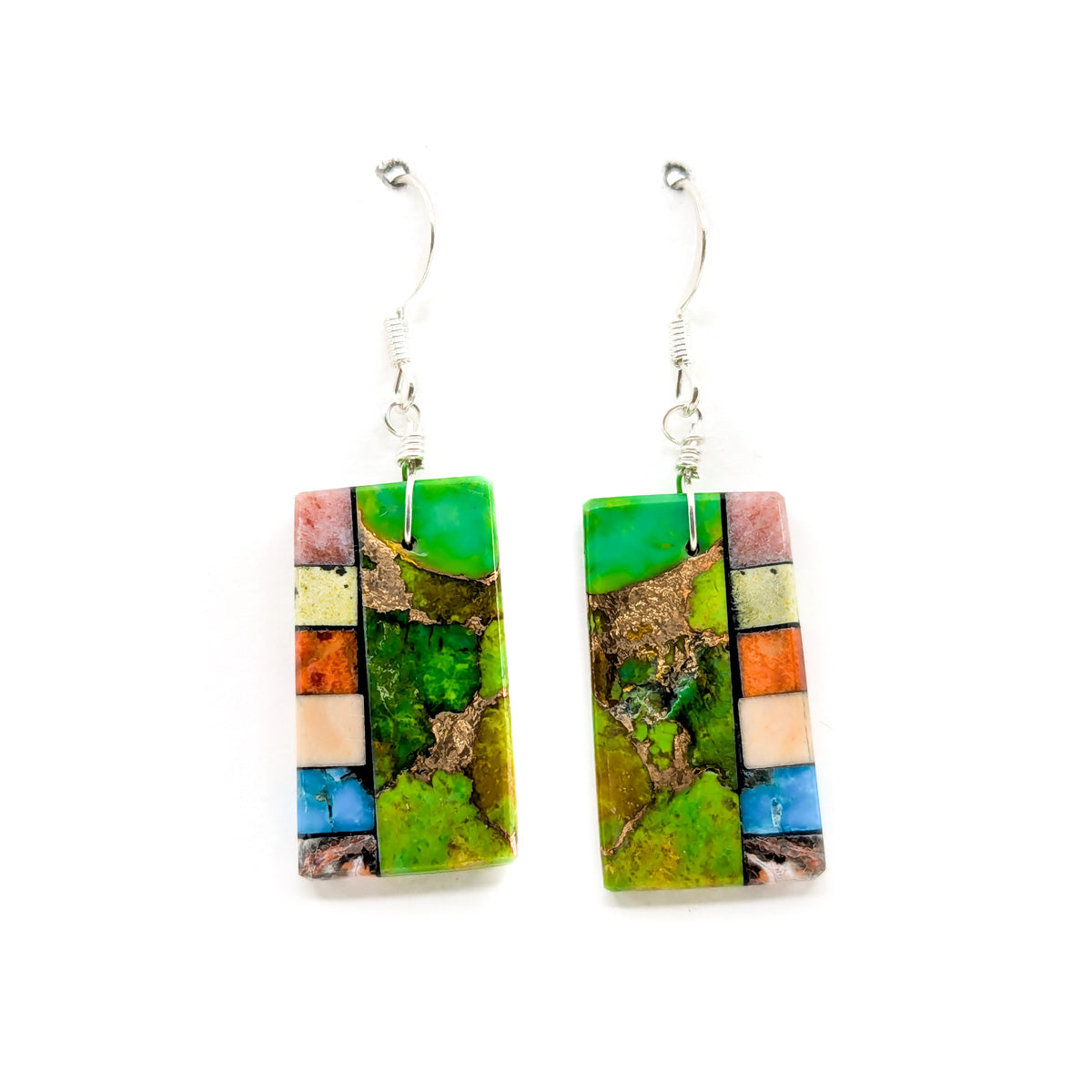 Rectangular Gaspeite and Mosaic Inlay Slab Earrings