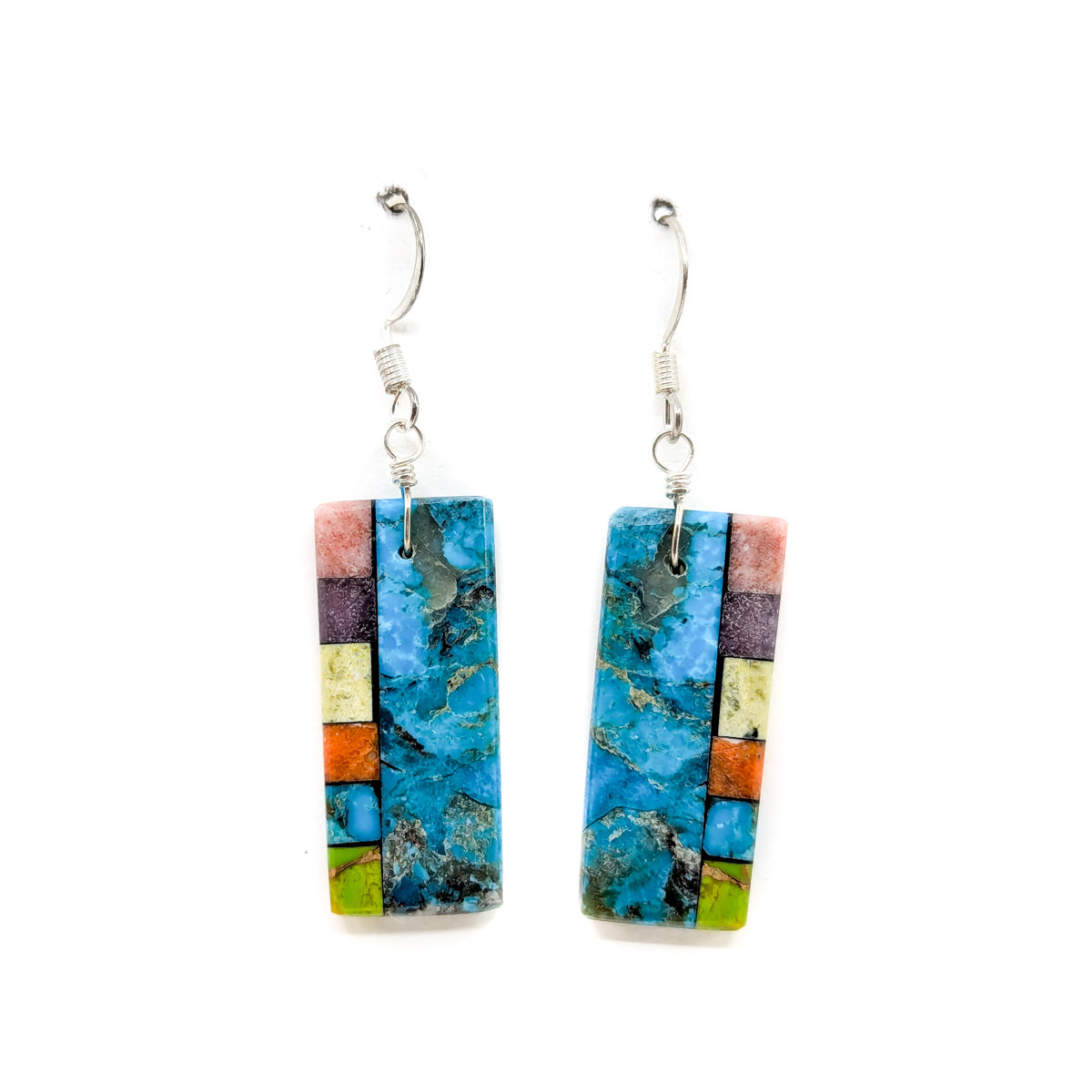 Long Rectangular Turquoise and Mosaic Inlay Slab Earrings