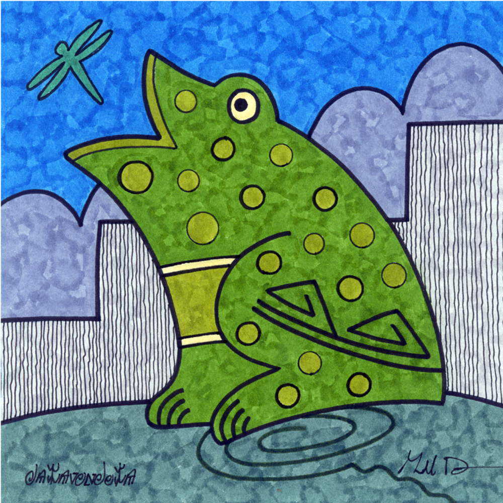 6" square wrapped canvas featuring frog catching dragonfly by Hopi artist Gerald Dawavendewa