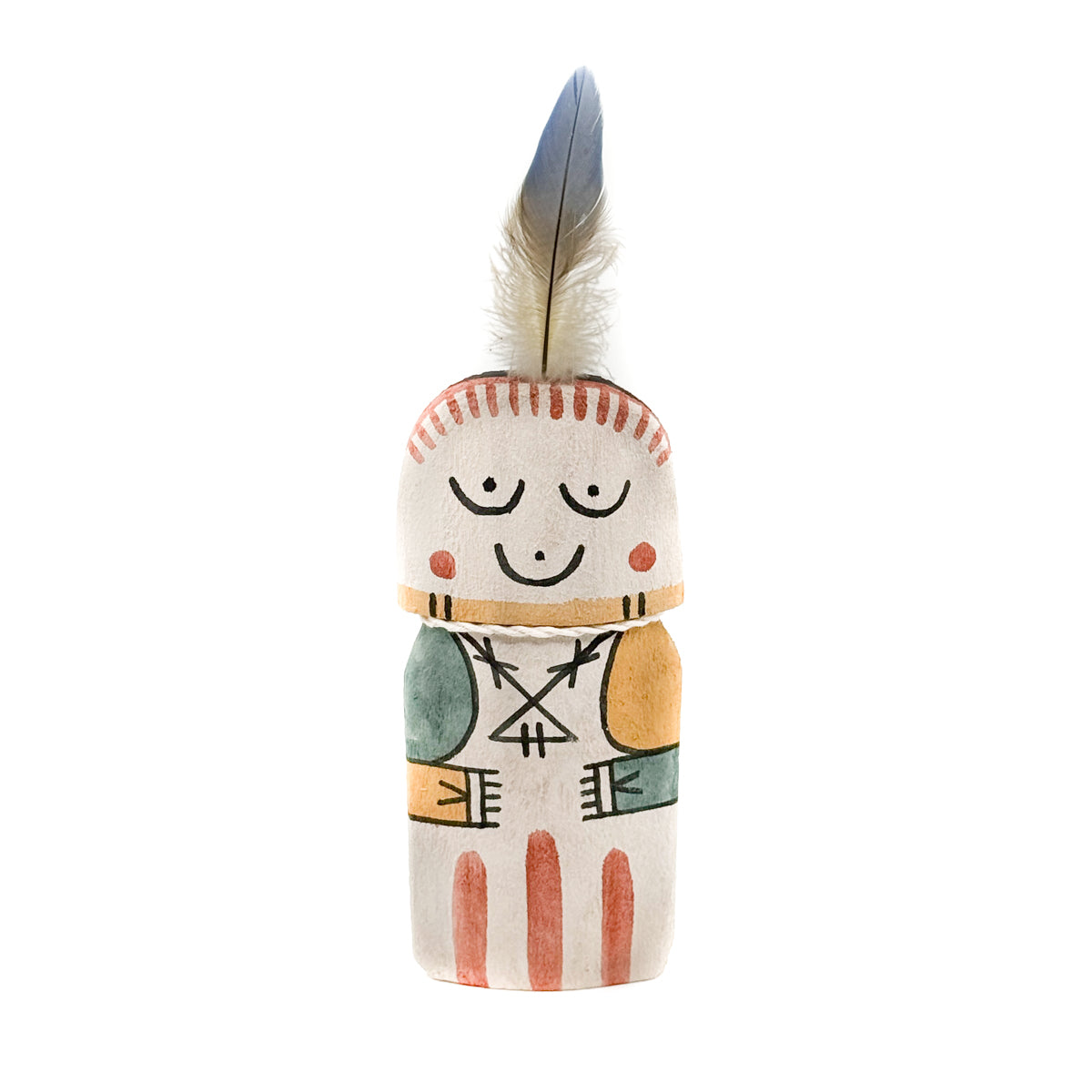 Hopi Grandmother (Hahai’i Wuhti) Flat Doll, the Mother of all Katsinas who pours water on crops and brings nourishment to all beings Hand carved and painted by Hopi artist Sunaweuma (Dino Patterson) from Hotevilla, Third Mesa, AZ Traditional cottonwood root and mineral paint&nbsp; Measures approximately 12 inches high (including feather) and 3.5 inches wide