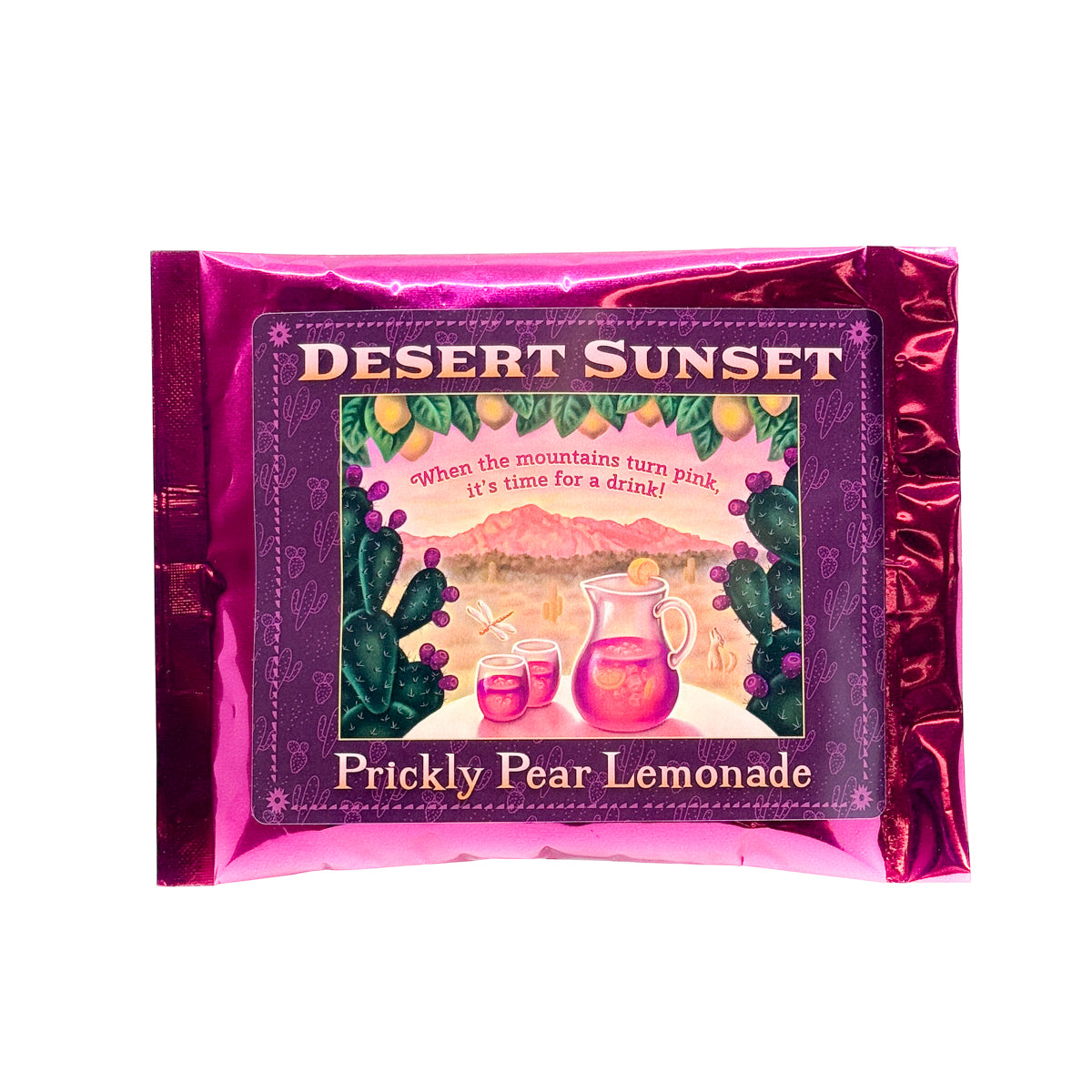2.5 ounce dry mix Prickly Pear Lemonade in a beautiful pink package featuring a desert mountain sunset with lemonade pitchers, dragonfly, lemons, and prickly pear cactus