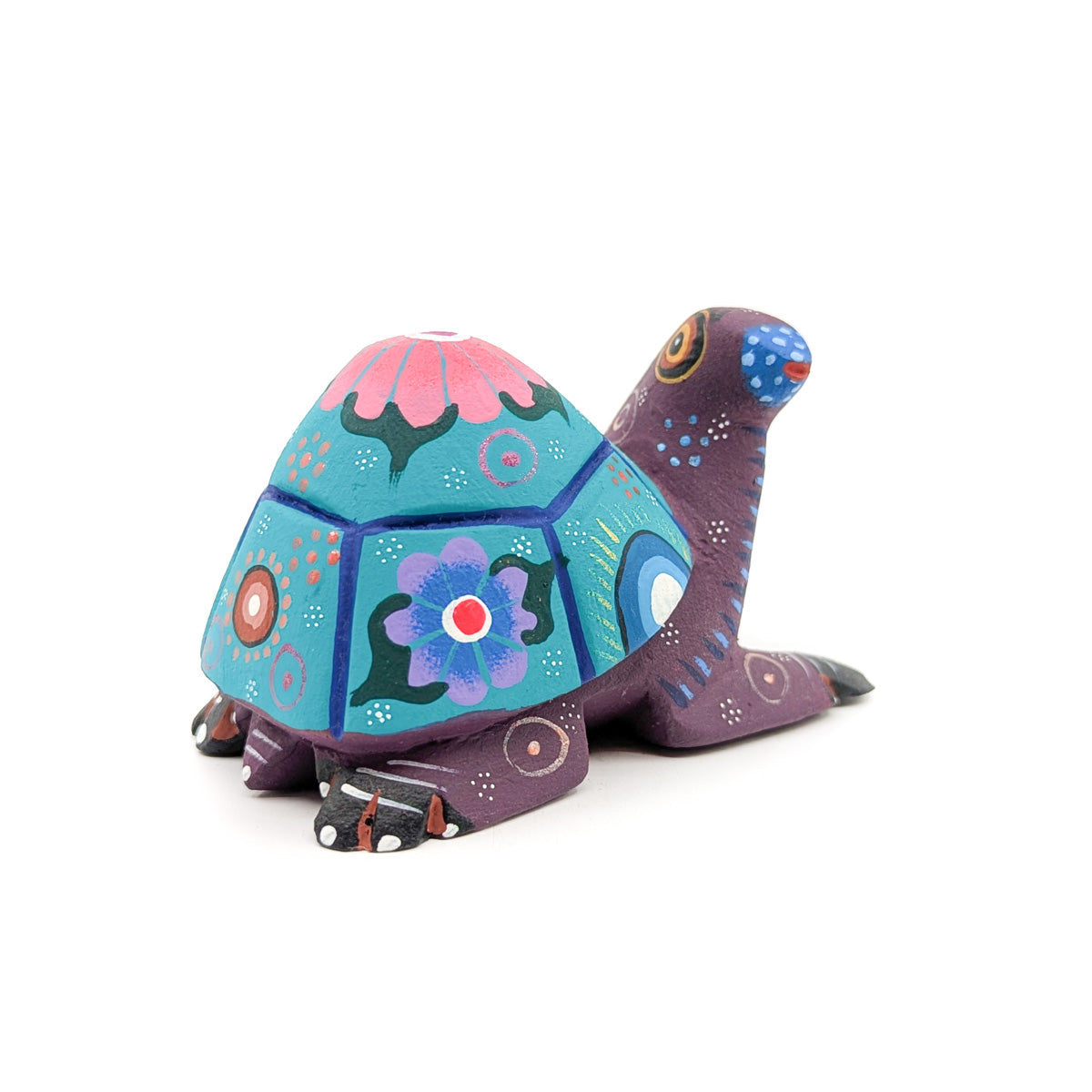 Dark Purple Tortoise with Teal Shell and Pink Flower