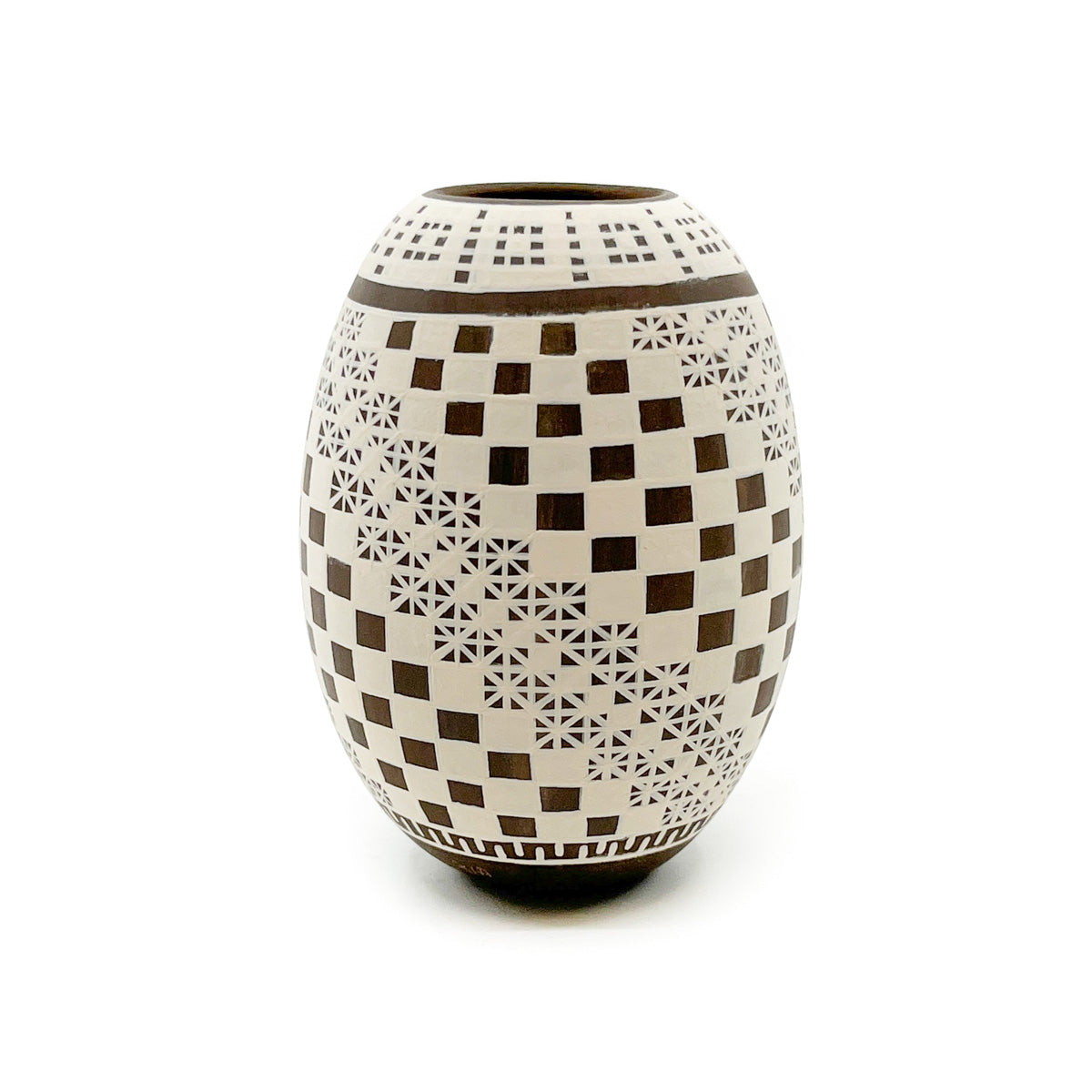 White on Brown Pot with Geometric Designs