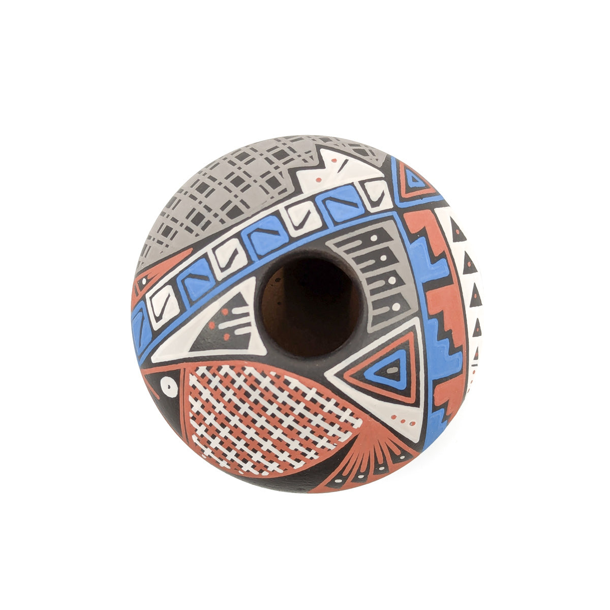 Blue, Red, White and Black Geometric Fish Design Seed Pot