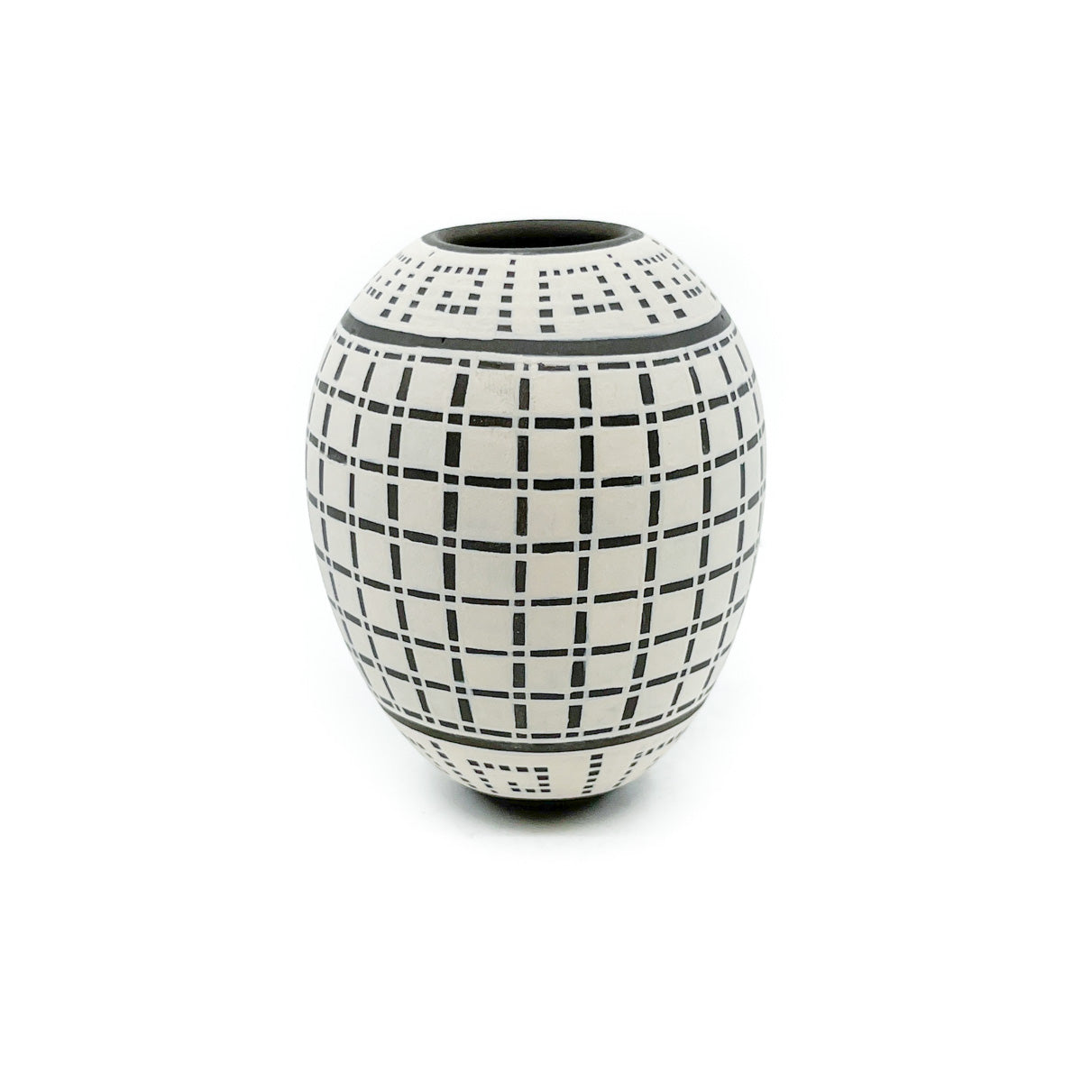 Small Tapered Dark Brown Pot with Buff Geometric Design
