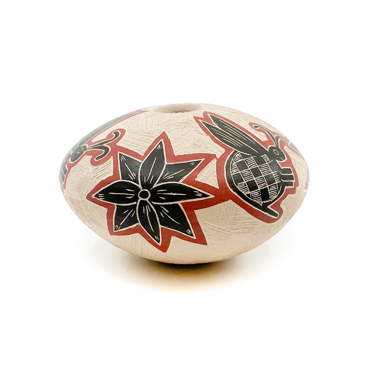 Black Pollinators with  Red Outlines on White Clay Pot
