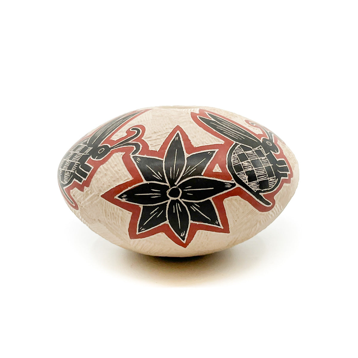 Black Pollinators with  Red Outlines on White Clay Pot