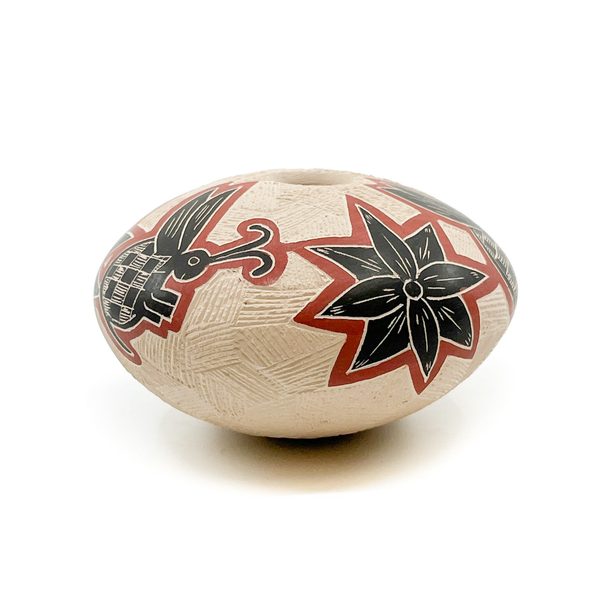 Black Pollinators with  Red Outlines on White Clay Pot