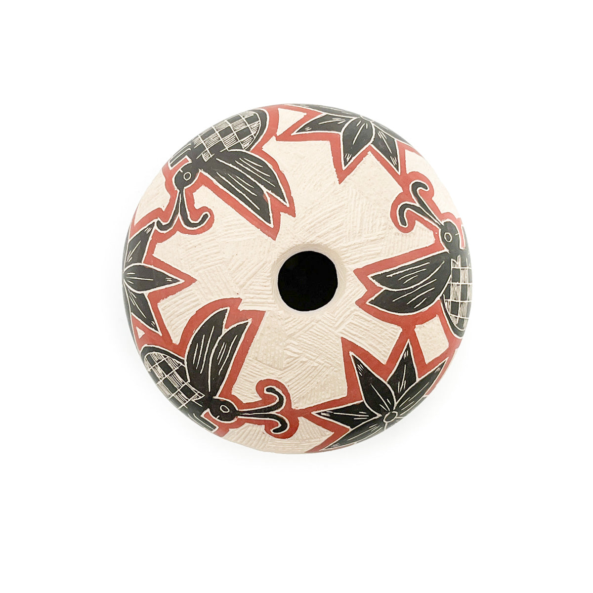 Black Pollinators with  Red Outlines on White Clay Pot