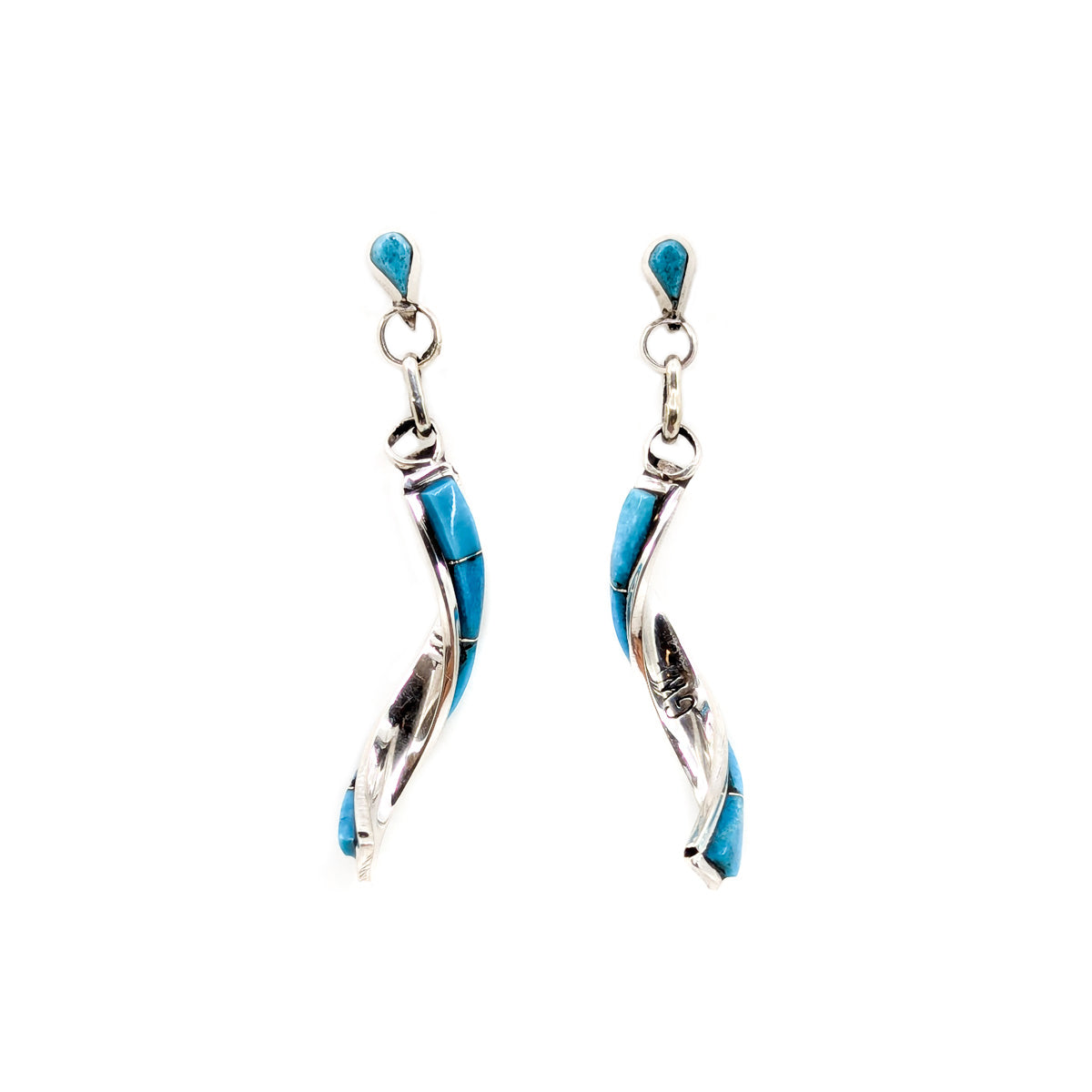 Handcrafted sterling silver and turquoise inlay earrings by Gloria Waatsa, Zuni jeweler&nbsp;
Each earring measures approximately 1.75 inches long by 1/8 of an inch wide

Sterling silver posts and backs