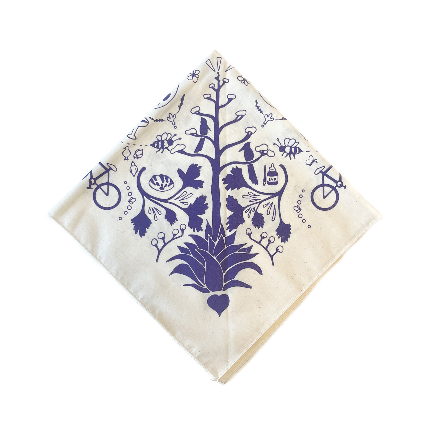 Hand Screen Printed 100% Cotton "AGAVE" Bandana - Deep Purple on Natural