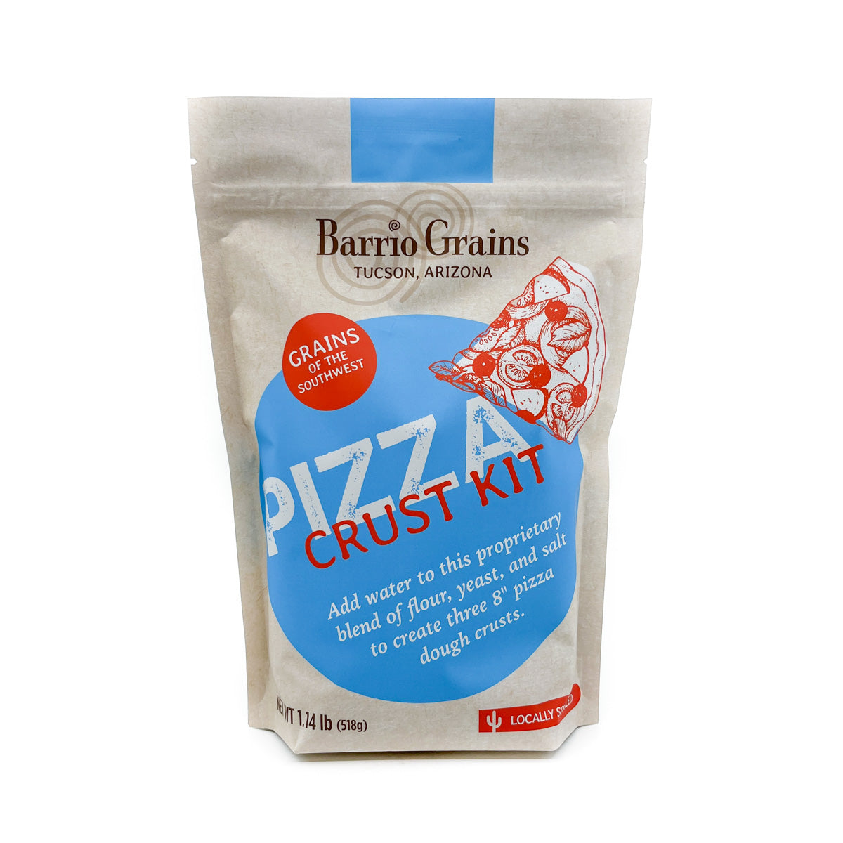 Add water to this proprietary blend of flour, yeast, and salt to create three 10" pizza dough crusts.  By Don Guerra, James Beard Award winner for Outstanding Baker, and owner of Tucson's Barrio Bread, named one of the Top 10 Bakers in America.  Heritage Wheat Grains&nbsp;of the Southwest 1.14 pound bag, locally sourced For info on making great bread visit https://breadlessons.com