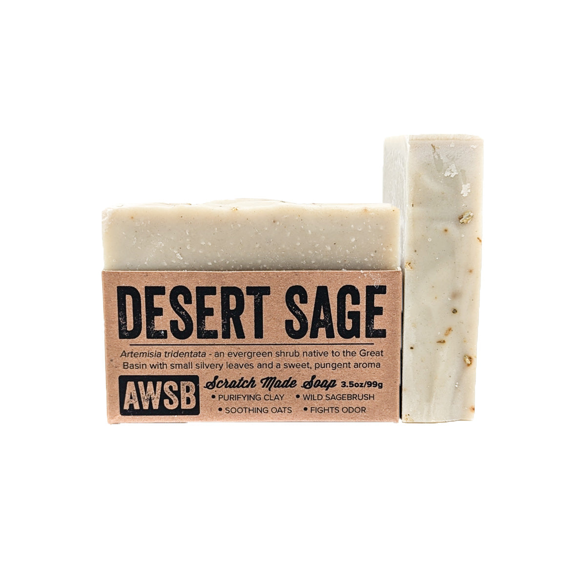 Sage has been used as an air purifier, an antiseptic wash, as a natural hair rinse, and a deodorizer for centuries.
Ingredients: premium saponified vegetable oils (organic extra virgin olive, organic coconut, organic palm, organic sunflower, organic castor), distilled water, essential oils (sage, rosemary, cedarwood, lemongrass), calcium bentonite clay, organic rubbed sage, wild desert sage, sea salt
4oz. labeled bar.