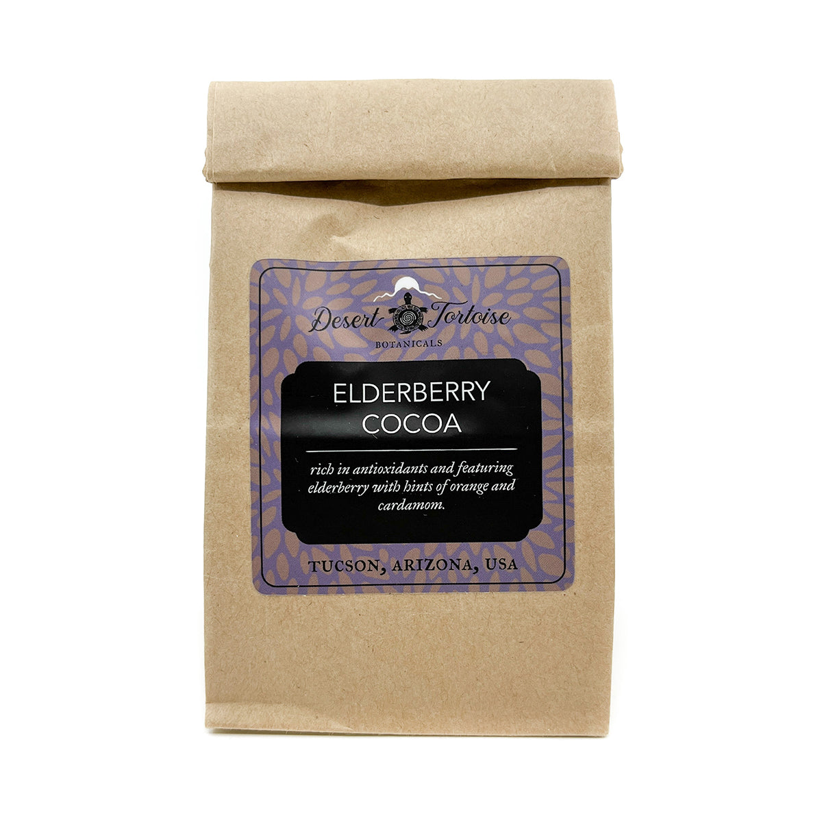 Rich in Antioxidants. Featuring elderberry with hints of orange and cardamom, naturally sweet!
Cacao, Elderberry, Cinnamon, Orange Peel, Cardamom.
2.5 oz. bag
Add 1 Tablespoon of cocoa mix to 1 cup of hot liquid (milk, milk substitute, or water. Whisk together and sweeten to personal taste. Makes 5 servings.
Made in Tucson, AZ.