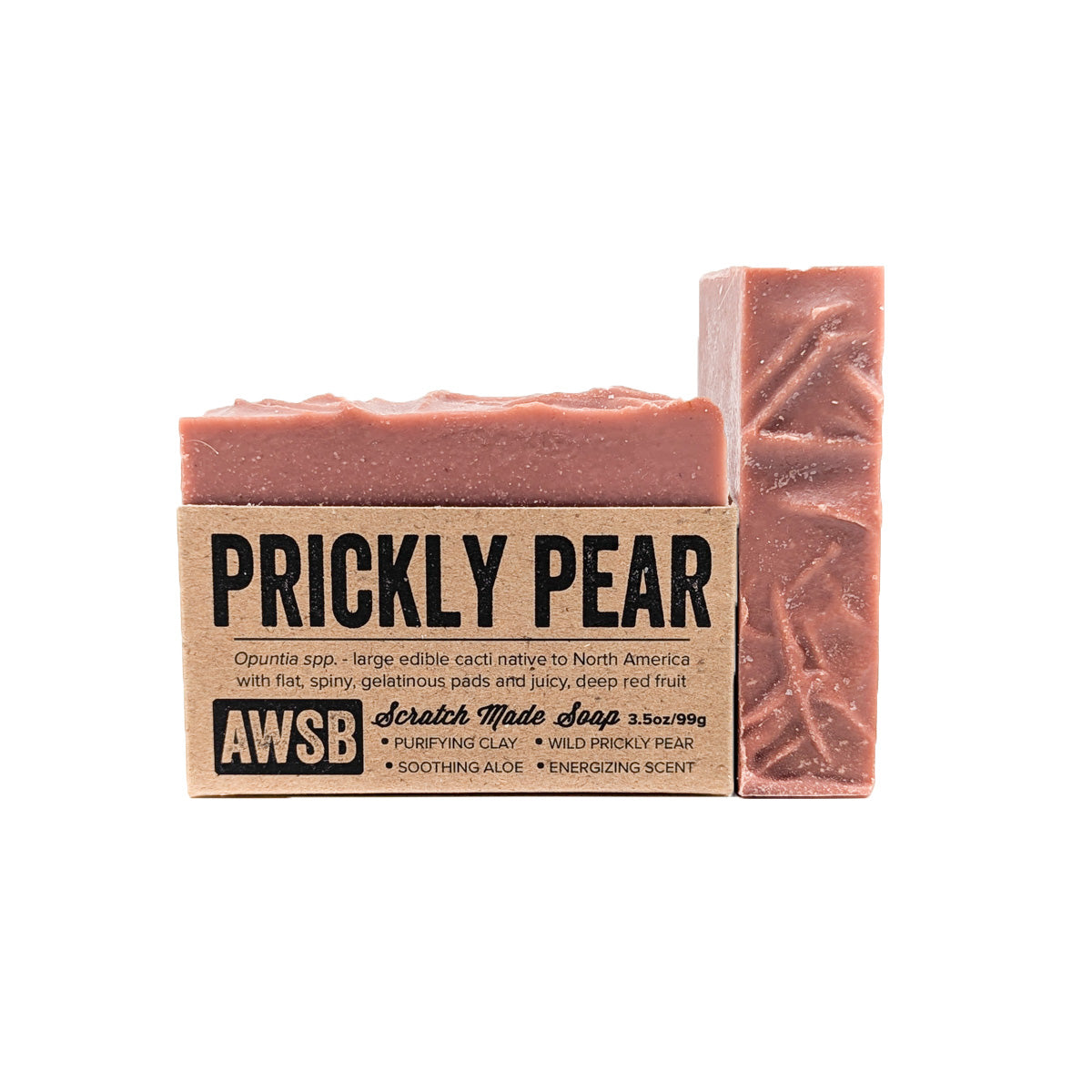 Healing prickly pear cactus teams up with soothing aloe vera to enrich this exfoliating bar, scented with an energizing rosemary essential oil blend.
The fresh herbal scent will drive you wild!
Ingredients: saponified cold pressed olive, coconut, palm & castor oils, distilled water, organic aloe, essential oils, rose kaolin clay, organic prickly pear cactus, red sandalwood, sea salt, mineral pigments. 4 oz labeled bar.