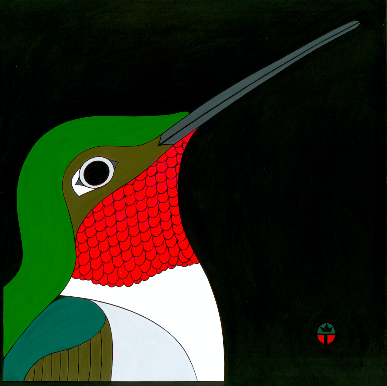 Full color print of ruby throated hummingbird measures 7.5" x 7.5" plus a 2.25" white border. Black frame with glass, measures 12" x 12".