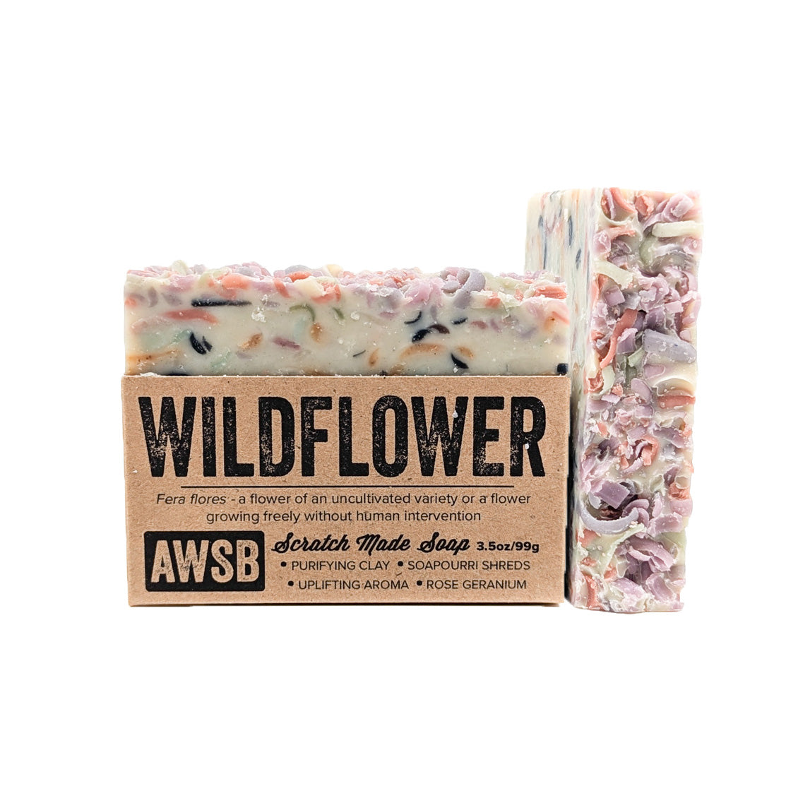 Contains colorful bits and pieces of native wildflowers, earth clays and a floral essential oil blend. Beautiful in the guest bath, but nice for everyday use as well!