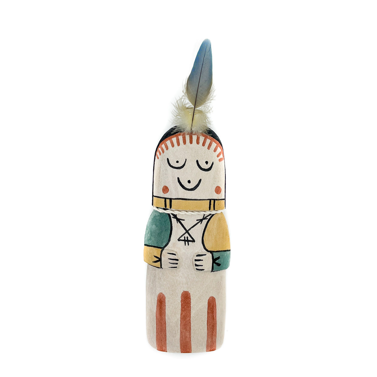 Hopi Grandmother Tihu or "Flat Doll Katsina" (Hahai’i Wuhti)&nbsp; Hand carved and painted by Hopi artist Dino Patterson from Hotevilla, Third Mesa, AZ&nbsp; Traditional cottonwood root and mineral paint&nbsp; Measures 14 inches high (including feather) and 4 inches wide