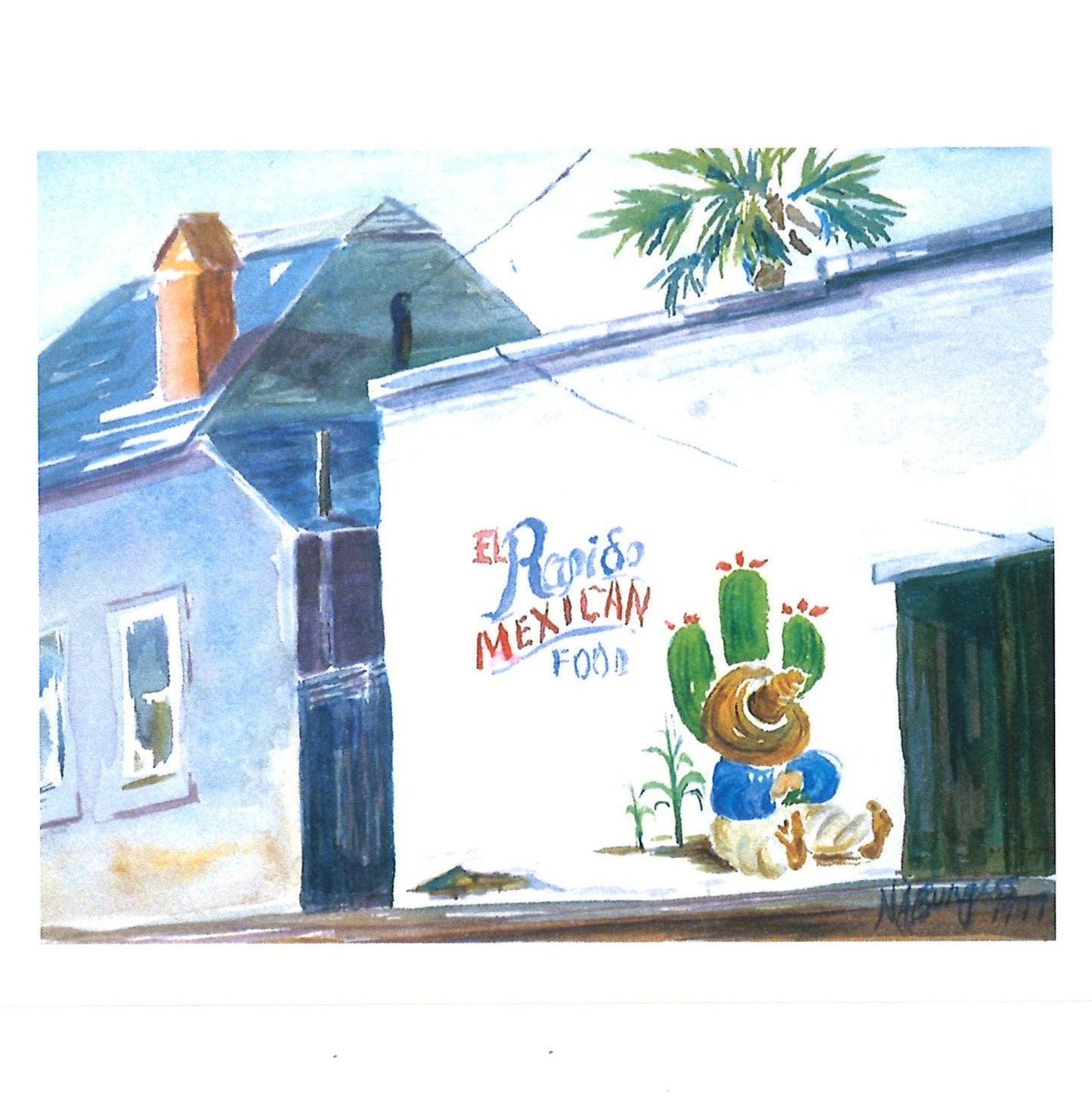 Blank notecard featuring a print of the watercolor painting "El Rapido Market" in Tucson&nbsp; by local artist Martha Ames Burgess. On the reverse side of each card there is a detailed description of the subject. Card measures 4x5 inches and includes a white envelope.
