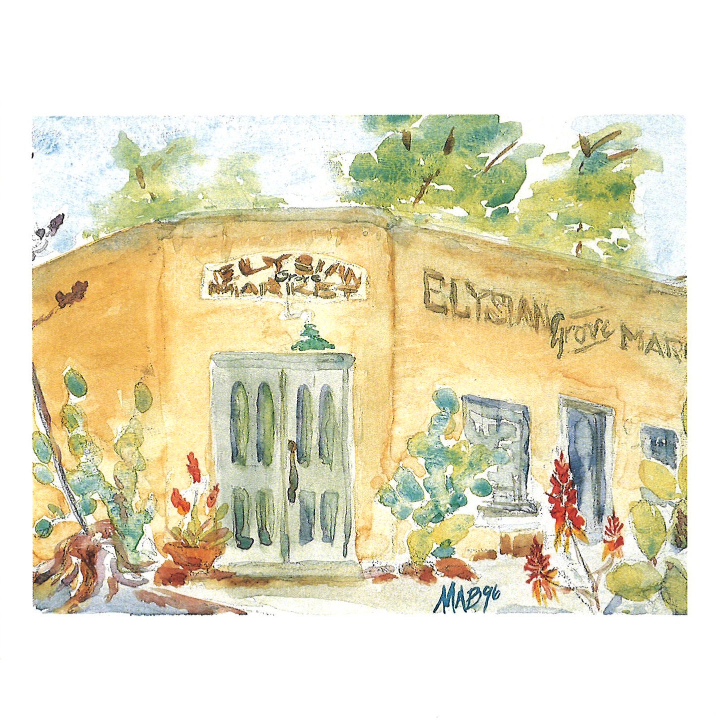 Blank notecard featuring a print of the watercolor painting&nbsp;"The Elysian Grove Market" in Tucson by local artist Martha Ames Burgess. On the reverse side of each card there is a detailed description of the subject. Card measures 4x5 inches and includes a white envelope.