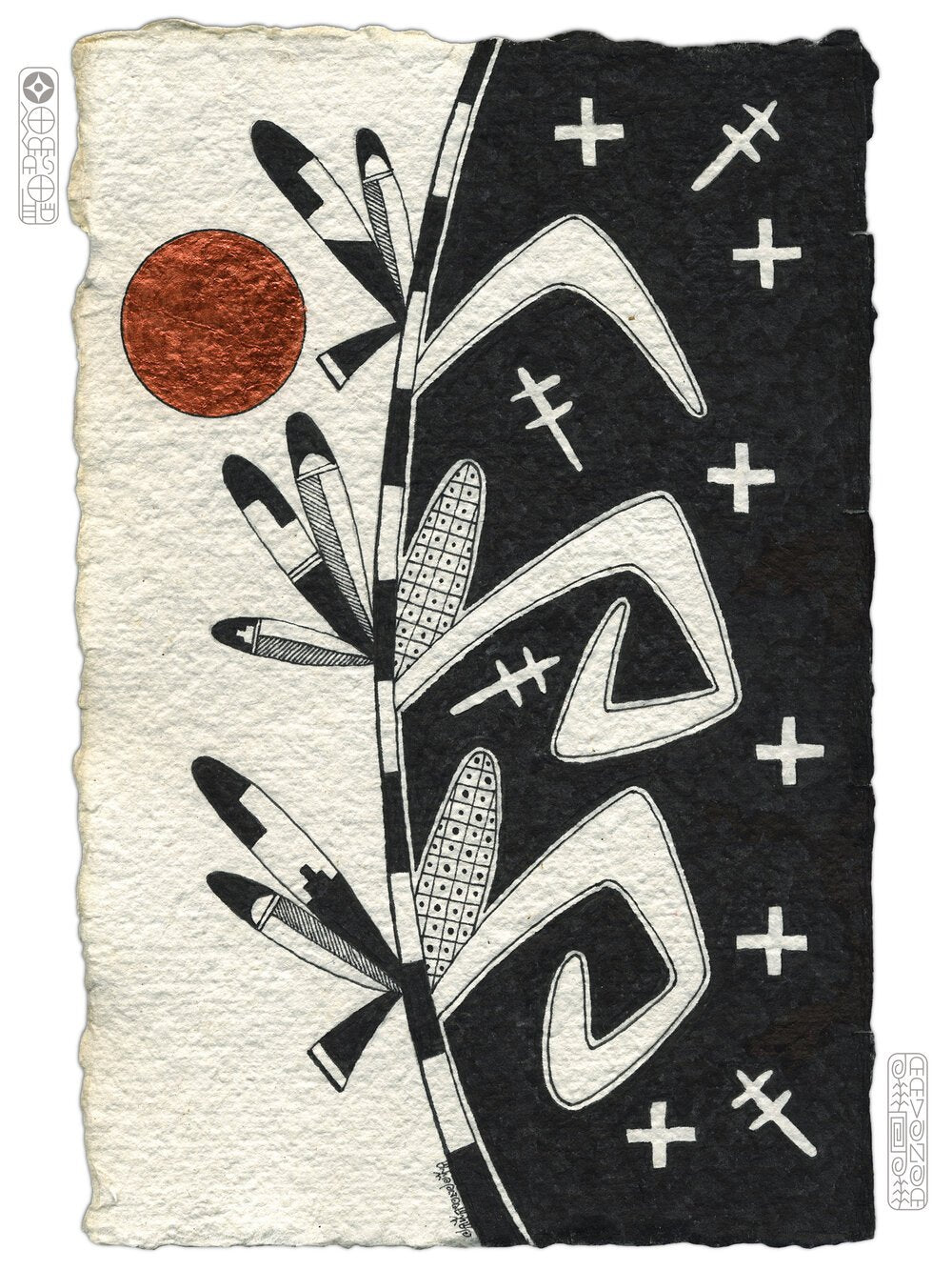 "A perfect blue corn plant carries a horizon line, separating prayer feathers in the Fifth World from corn ears, dragonflies and butterflies in the Fourth World, the world that we live upon...announcing the coming rain clouds." White matted print measures 11 x 14 inches&nbsp; Image measures 9.5 x 7.5 inches Information about the artist and Hopi culture included