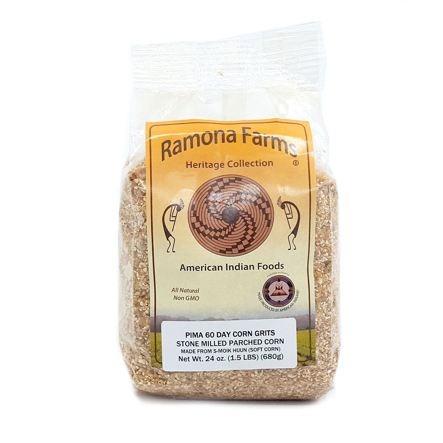 Stone milled parched Pima corn, coarse grind Made from S-Moik Huun (soft corn) Makes delicious grits! Non-GMO 24 oz. (1.5 pounds)