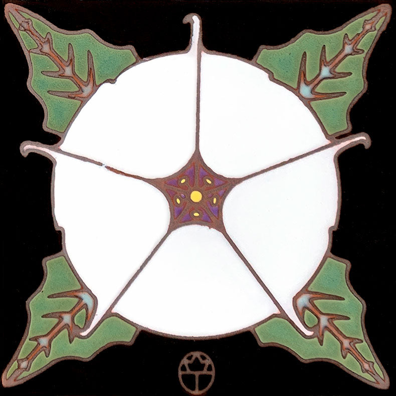 white sacred datura flower with leaves on black background ceramic tile by Wil Taylor