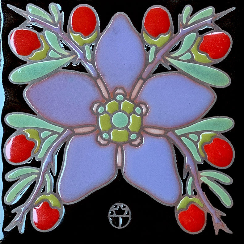purple wolfberry blossom with berries and leaves on black background ceramic tile by wil taylor