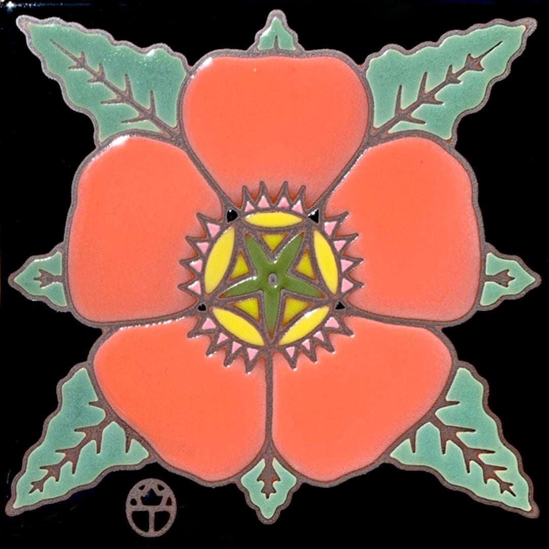 orange globemallow blossom with leaves on black background ceramic tile by wil taylor