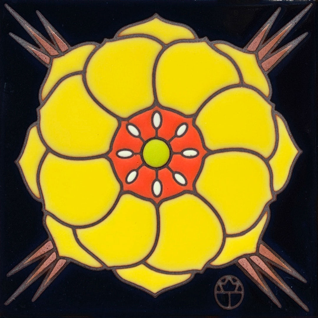 yellow prickly pear flower on black background ceramic tile by wil taylor